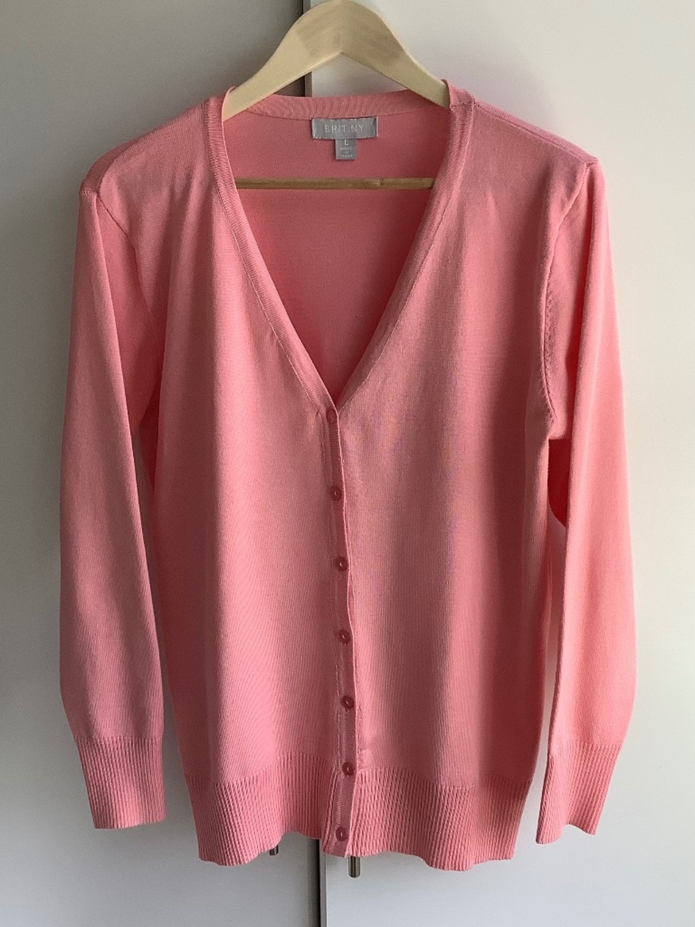 BRIT. NY size L Pink V-Neck Cardigan Viscose Nylon Button Front Knit Sweater